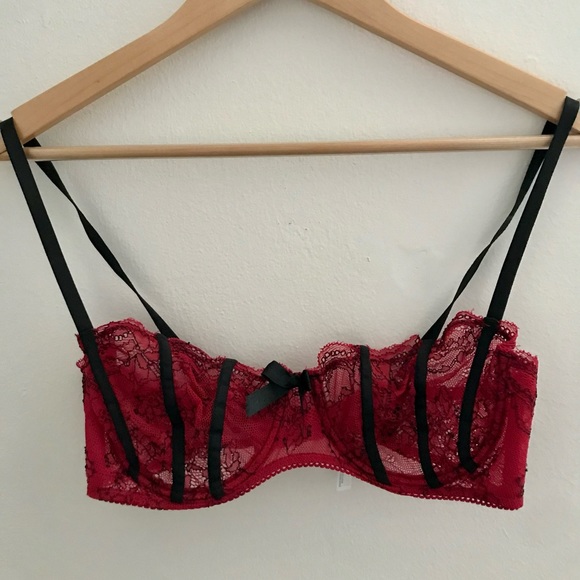 Red and Black Sheer Ooh La La Cheri Bra and Garter Set 3 Piece 34D - Picture 6 of 9